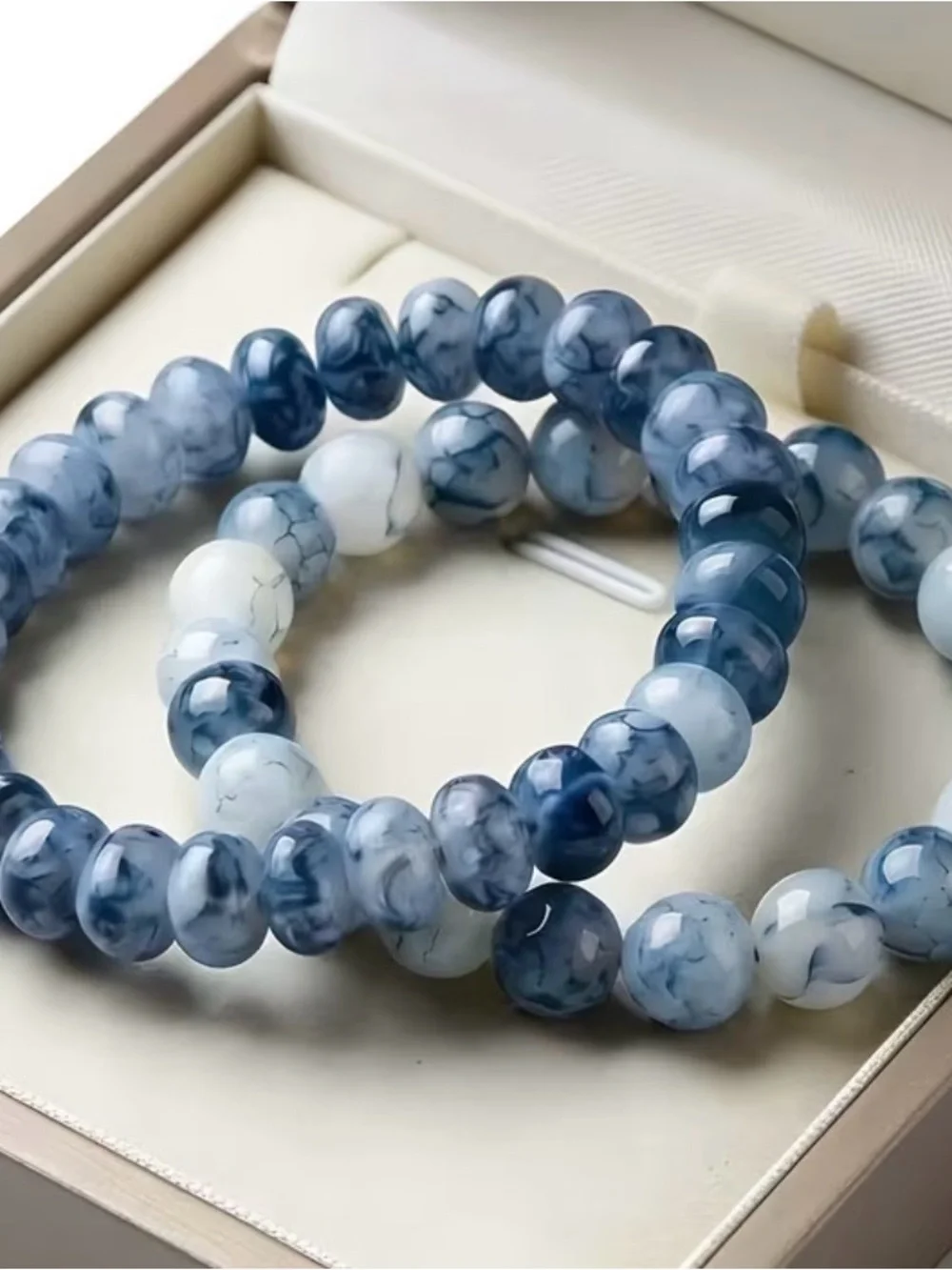 Blue Marbled Stone Bead Stretch Bracelet for Women
